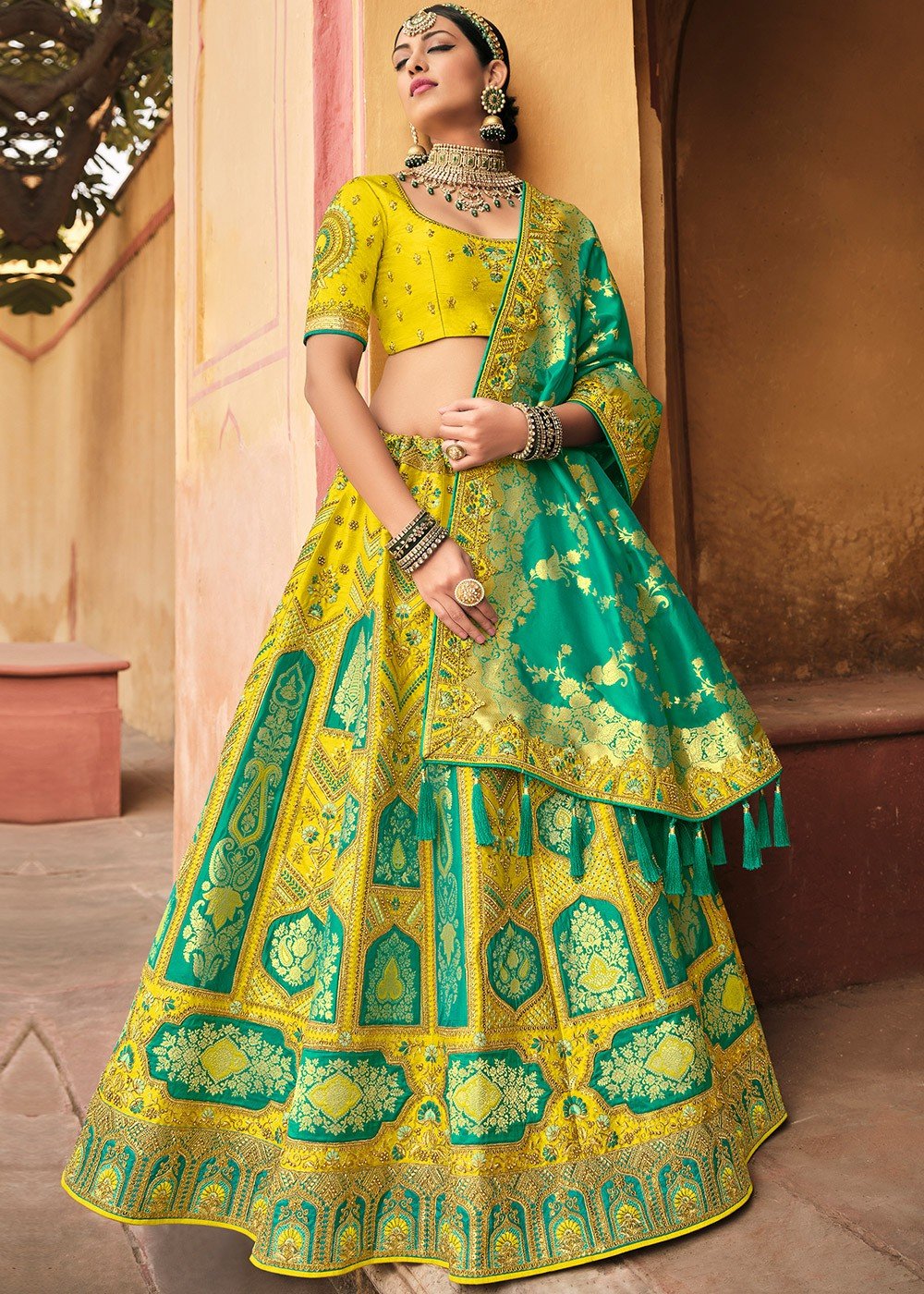 Green and Yellow Embroidered Lehenga | ViBha Mehendi Collection