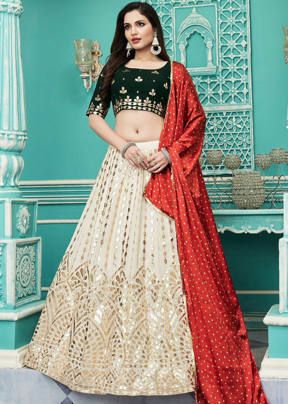 Buy Red and White Lehenga Choli Online : India - Lehenga Choli