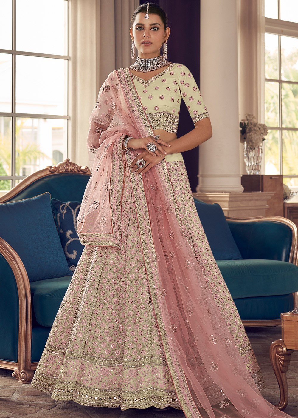 Pink Cream Color Pure Silk Zari Weaving Work Function Wear Lehenga Choli  -4000151019 | Heenastyle