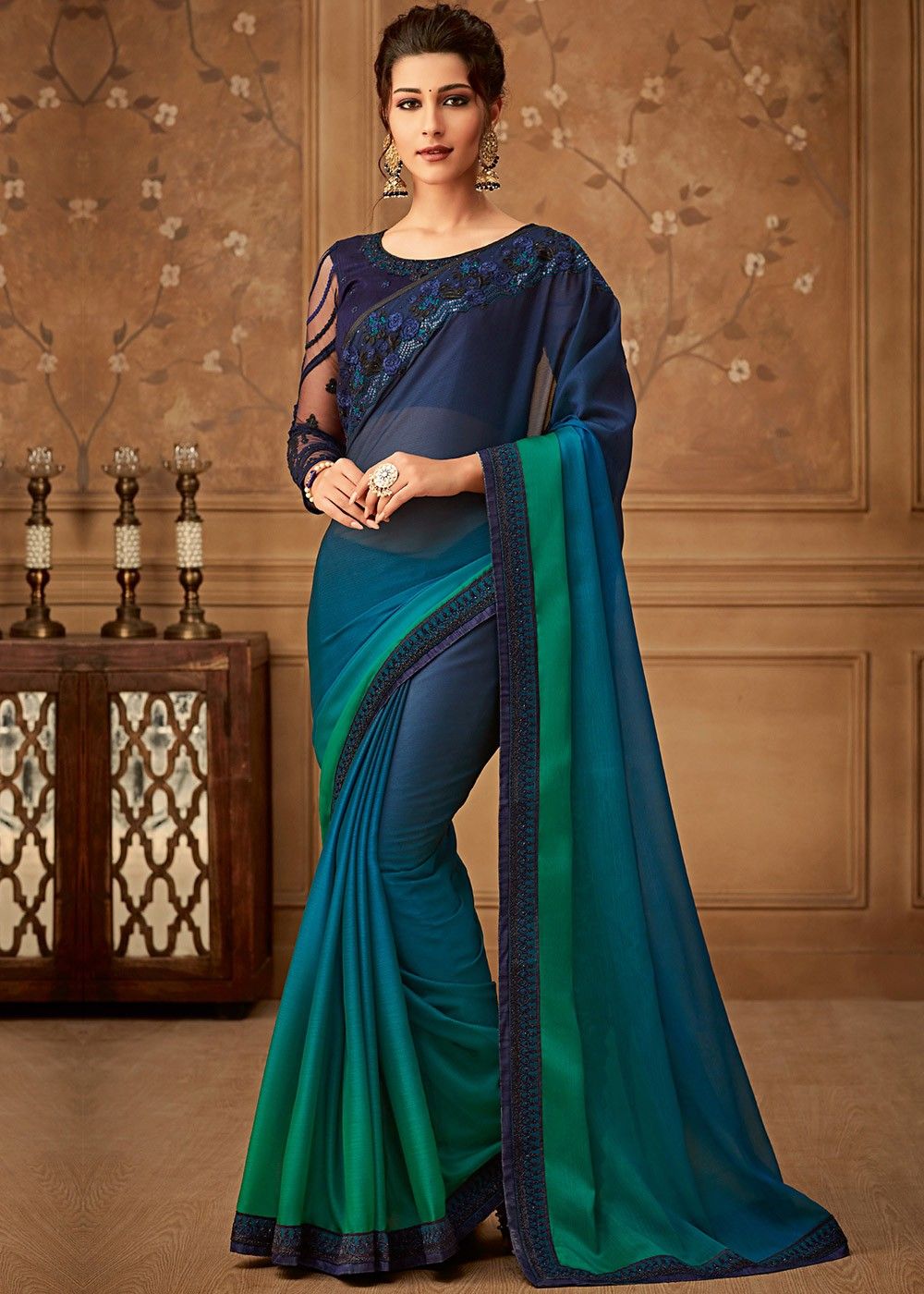Shaded Blue Chiffon Saree With Embroidered Blouse Saree 2395SR15
