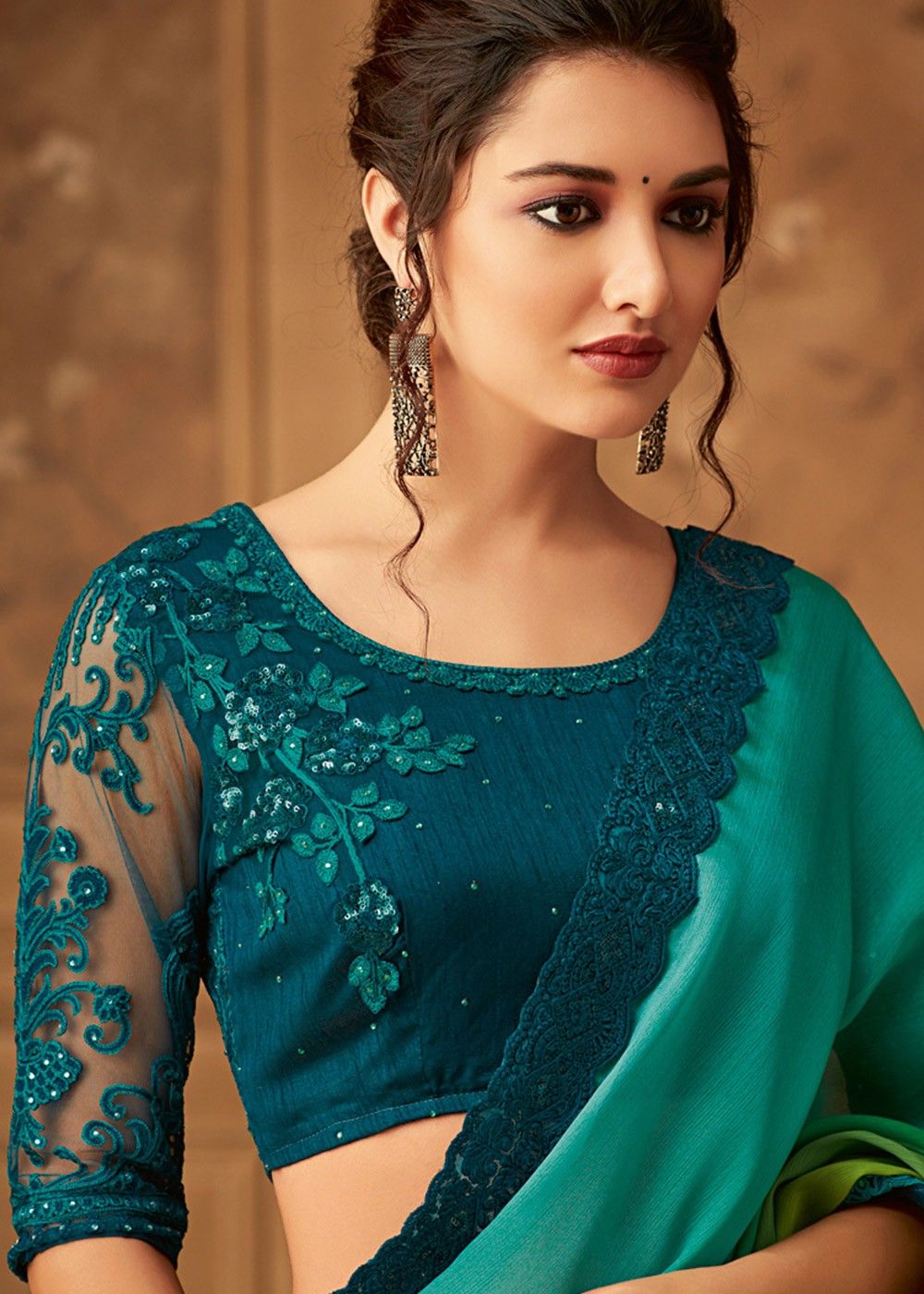 Shaded Green Chiffon Saree With Embroidered Blouse Saree 2395SR18