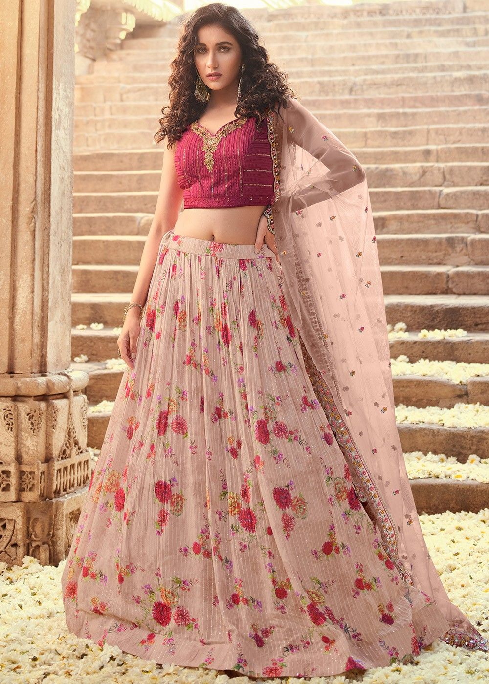 Buy Pink And White Embroidered Georgette Lehenga Choli In USA UK Canada