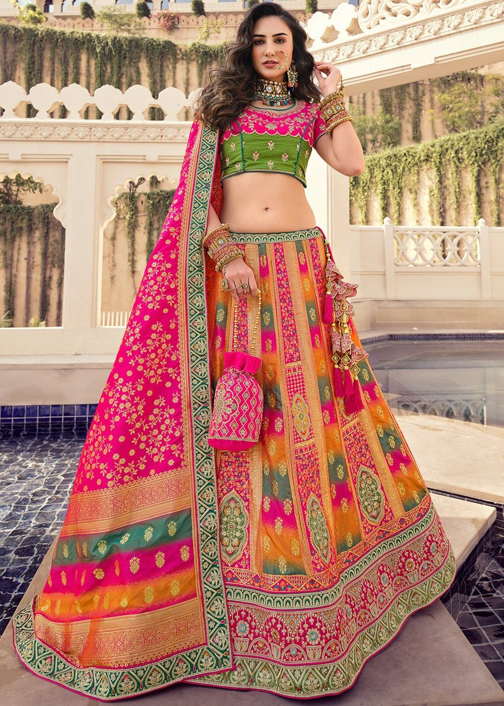 Lehenga Choli : Multicolor print banarasi satin silk wedding ...
