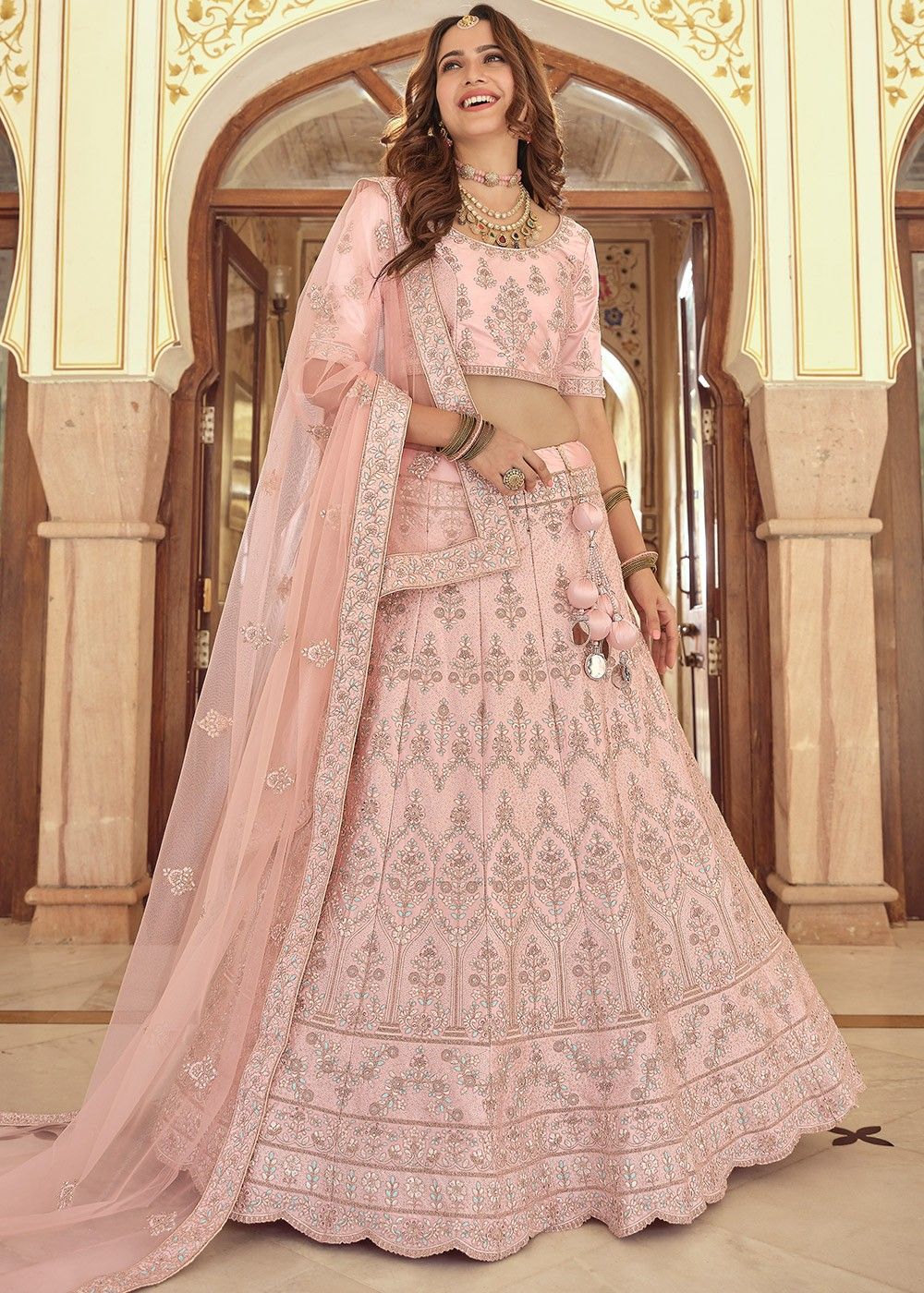 Engagement, Mehendi Sangeet Pink and Majenta color Net fabric Lehenga :  1599917