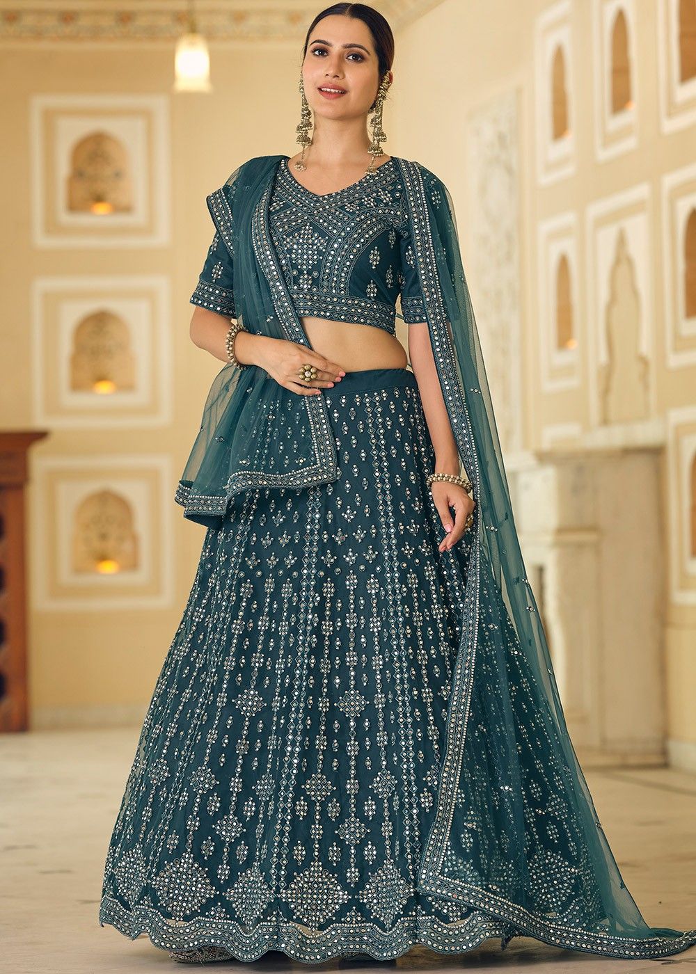 Peacock Blue with Light Blue Shaded Silver Zari and Sequins work Lehen –  Seasons Chennai