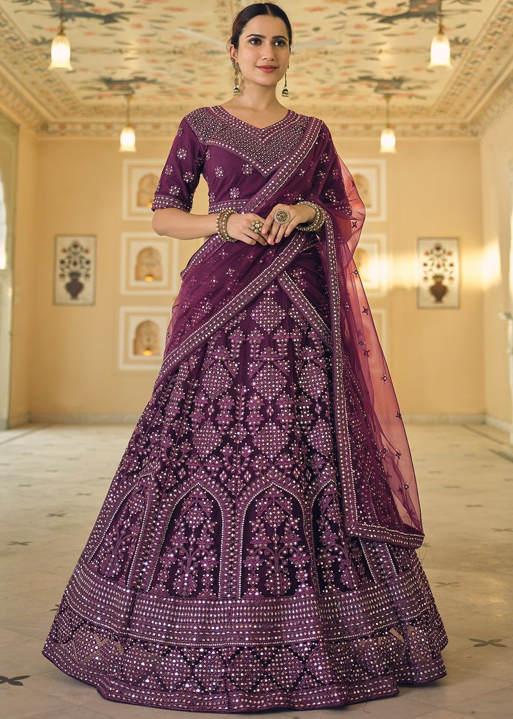 Glamorous Purple Dori & Sequins embroidered semi velvet semi stitched  lehenga choli for bride - MEGHALYA - 2803000