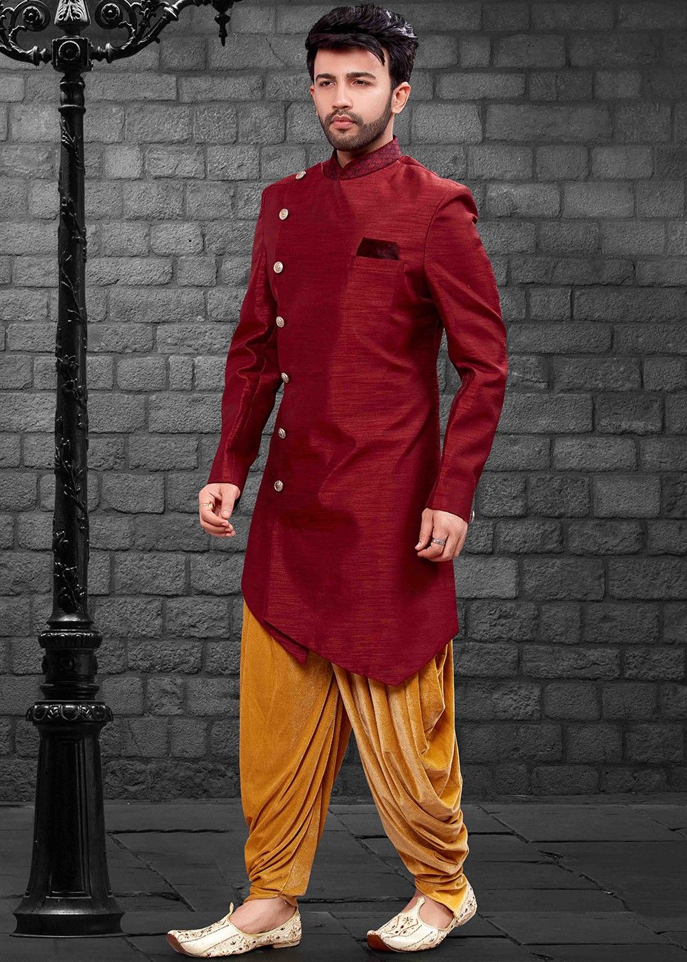 MAG Men Maroon & Cream-Coloured Solid Kurta with Dhoti Pants - Absolutely  Desi