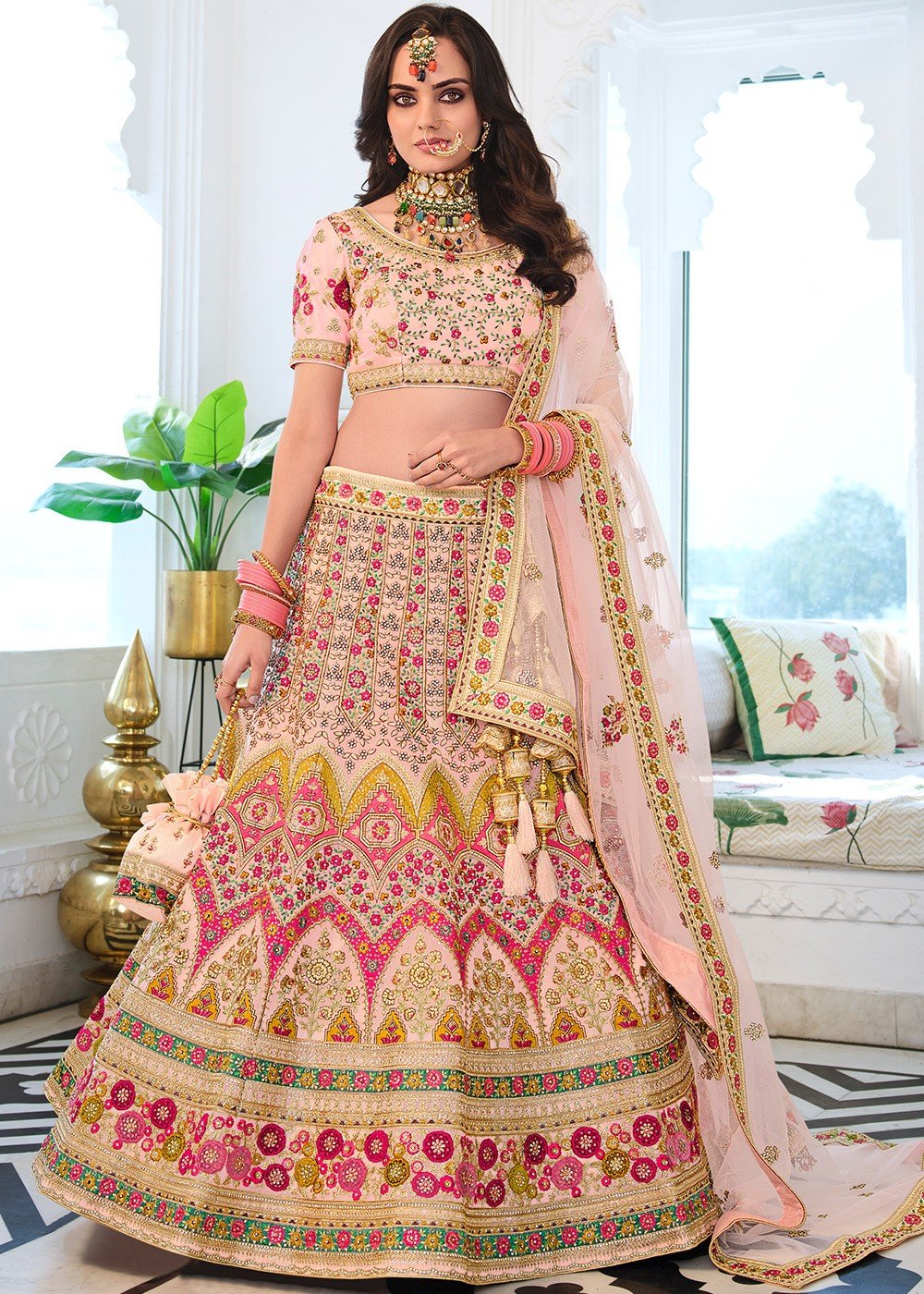 ETHNIC EMPORIUM Indian Royal wedding Peach Crepe Zari & Diamond Ghagra Engagement  Lehenga Choli Net Dupatta 1499 3 at Amazon Women's Clothing store