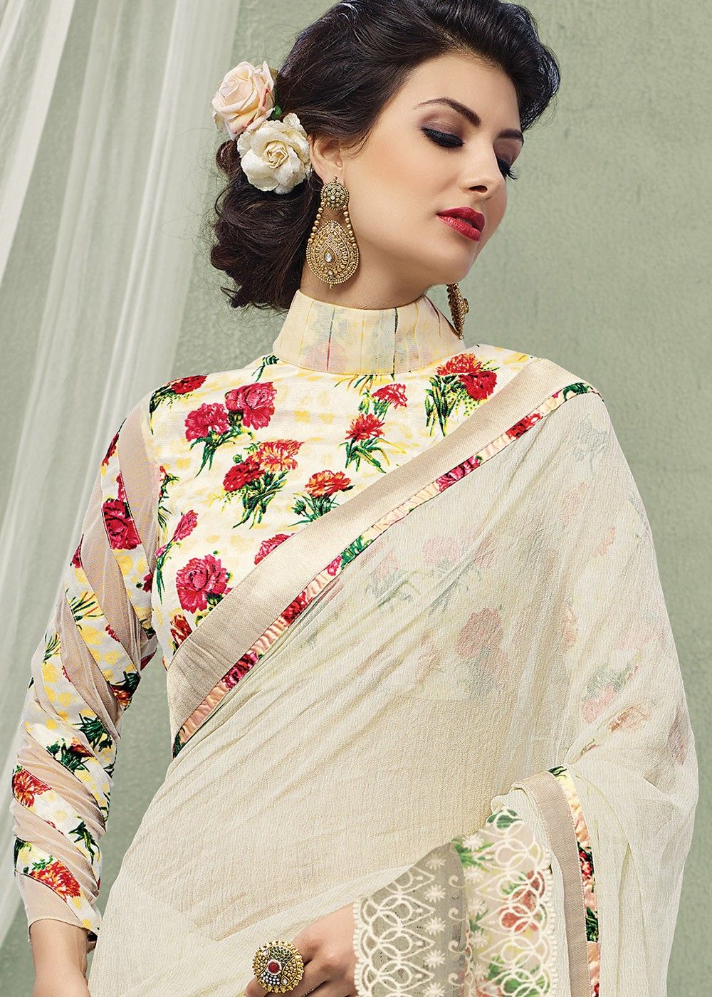 White Georgette Saree With Printed 
