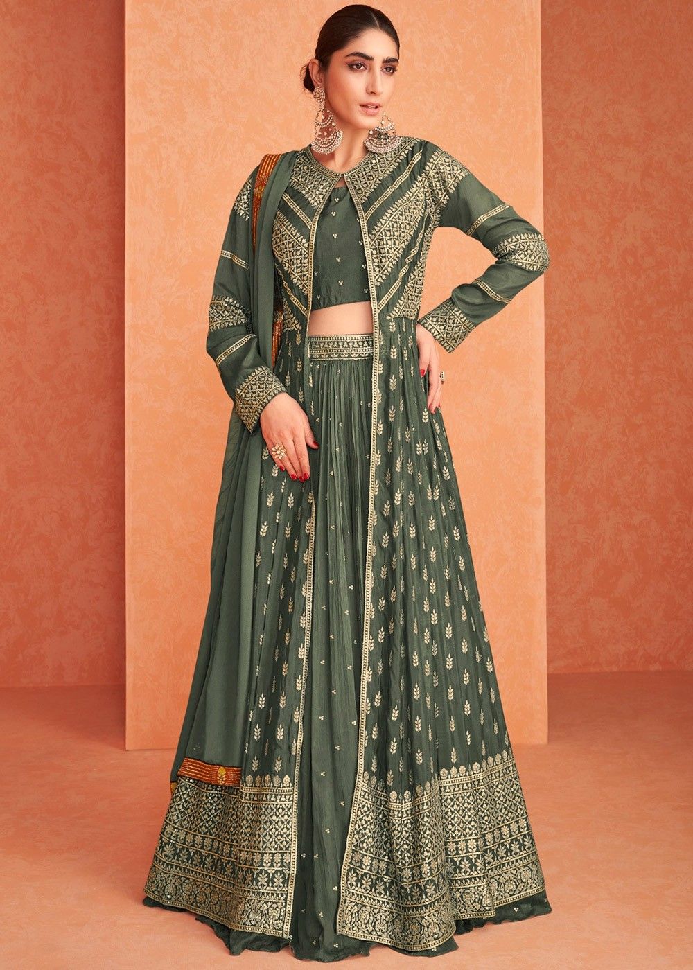 Green Embroidered Jacket Style Lehenga In Georgette 2438LG01