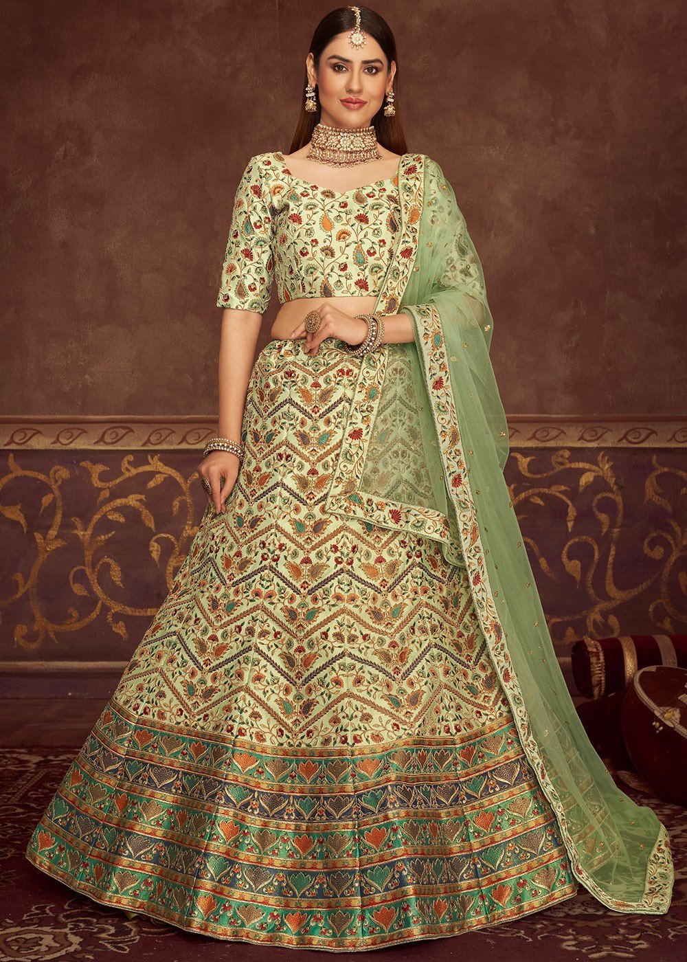 Buy Hot Pink And Turquoise Multi Embroidered Lehenga Suit In Germany