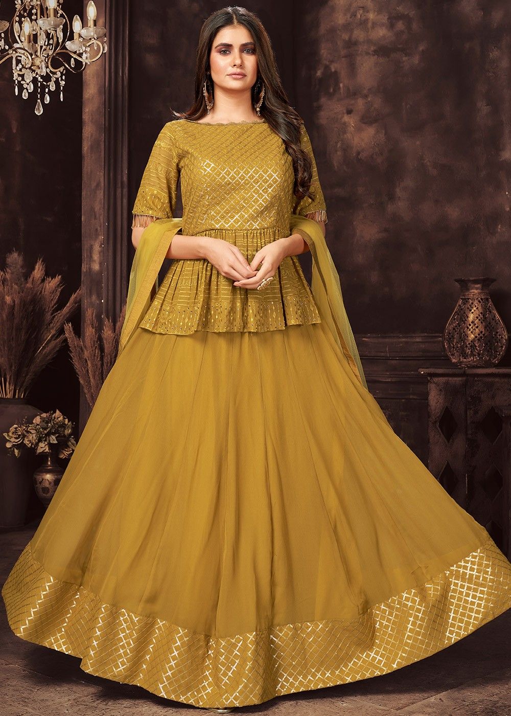 Shop Yellow Embroidered A Line Lehenga Party Wear Online at Best Price