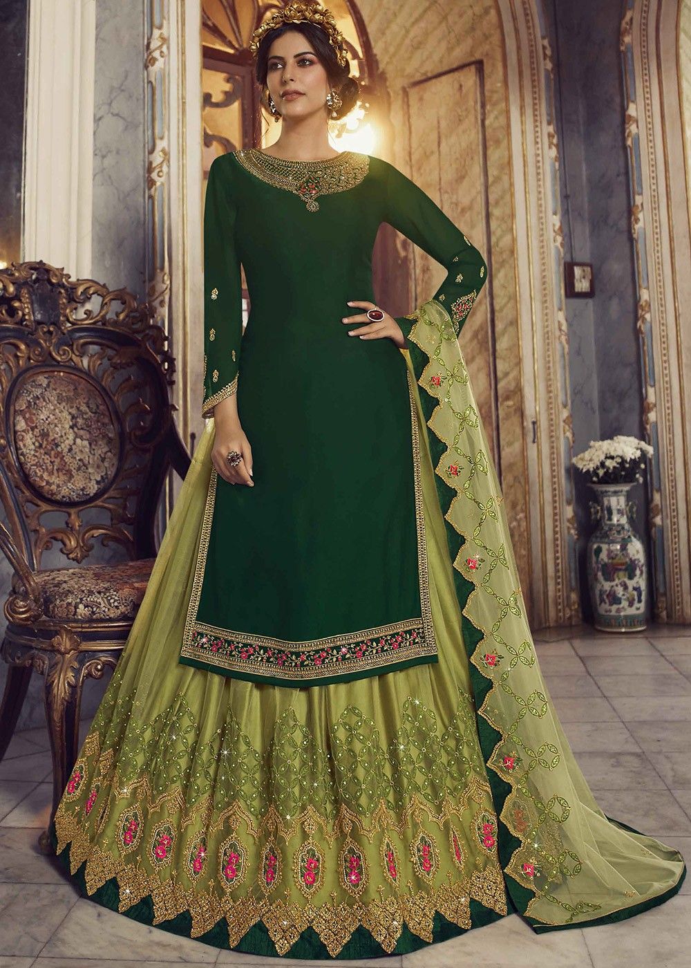 Buy Banana Bee Green Floral Sprig Embroidered Lehenga Set For Girls Online   Aza Fashions