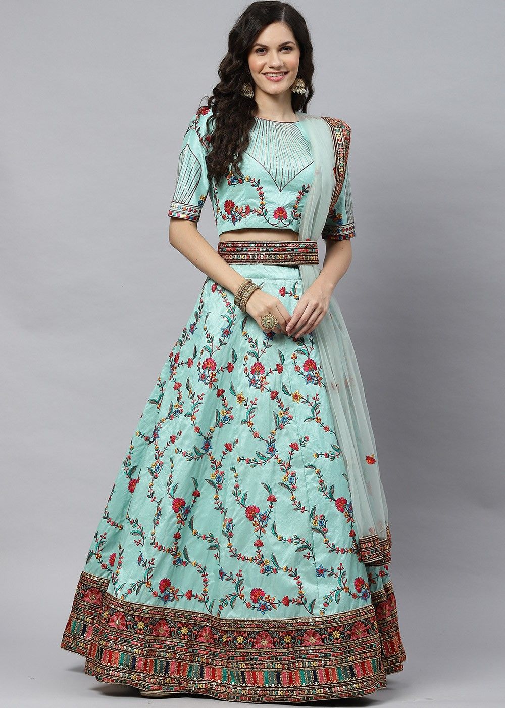 Turquoise Thread Embroidered Silk Lehenga Choli 2462LG17