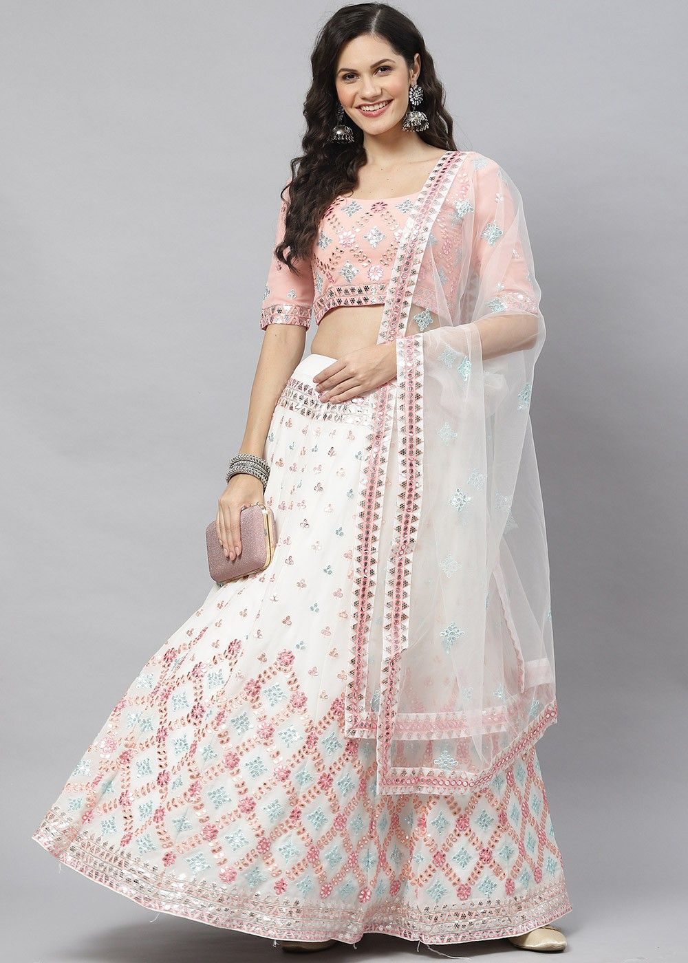 Buy Neha Khullar Pink Chanderi Mirror Work Lehenga Set Online | Aza Fashions