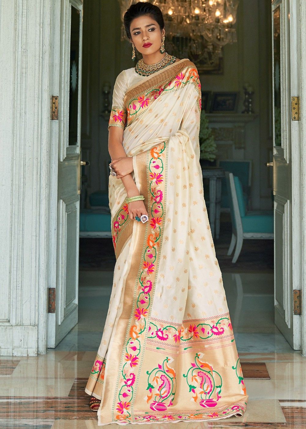 Cream White Soft Cotton Silk Saree Sari With Jacquard Weaving Saree Blouse SL 
