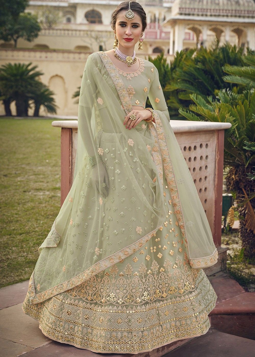 Green Embroidered Bridesmaid Lehenga Choli In Net 2481LG02