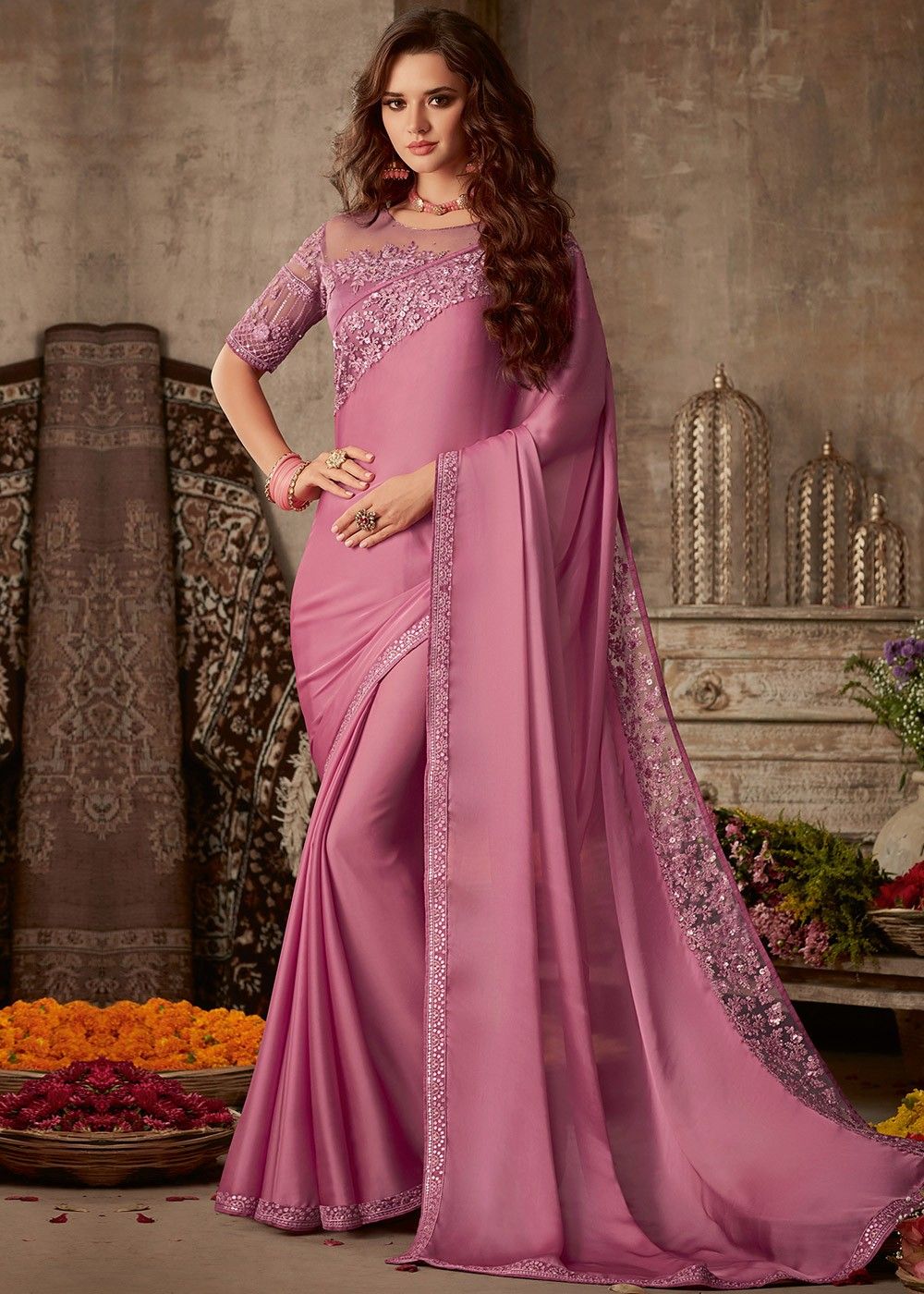 Buy Baby Pink Organza Saree With Foil Printed And Gotta Border