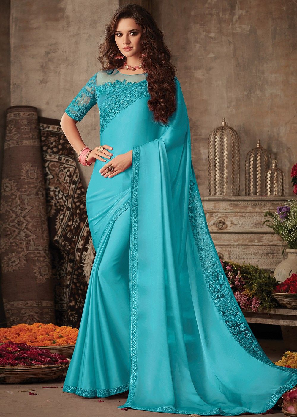 Sky blue saree with Blouse Stitched and petticoat saree and blouse full embroidery work