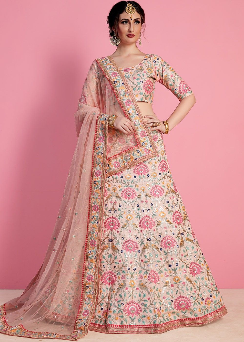 Shop Peach Net Embroidered Umbrella Lehenga Wedding Wear Online at Best  Price | Cbazaar