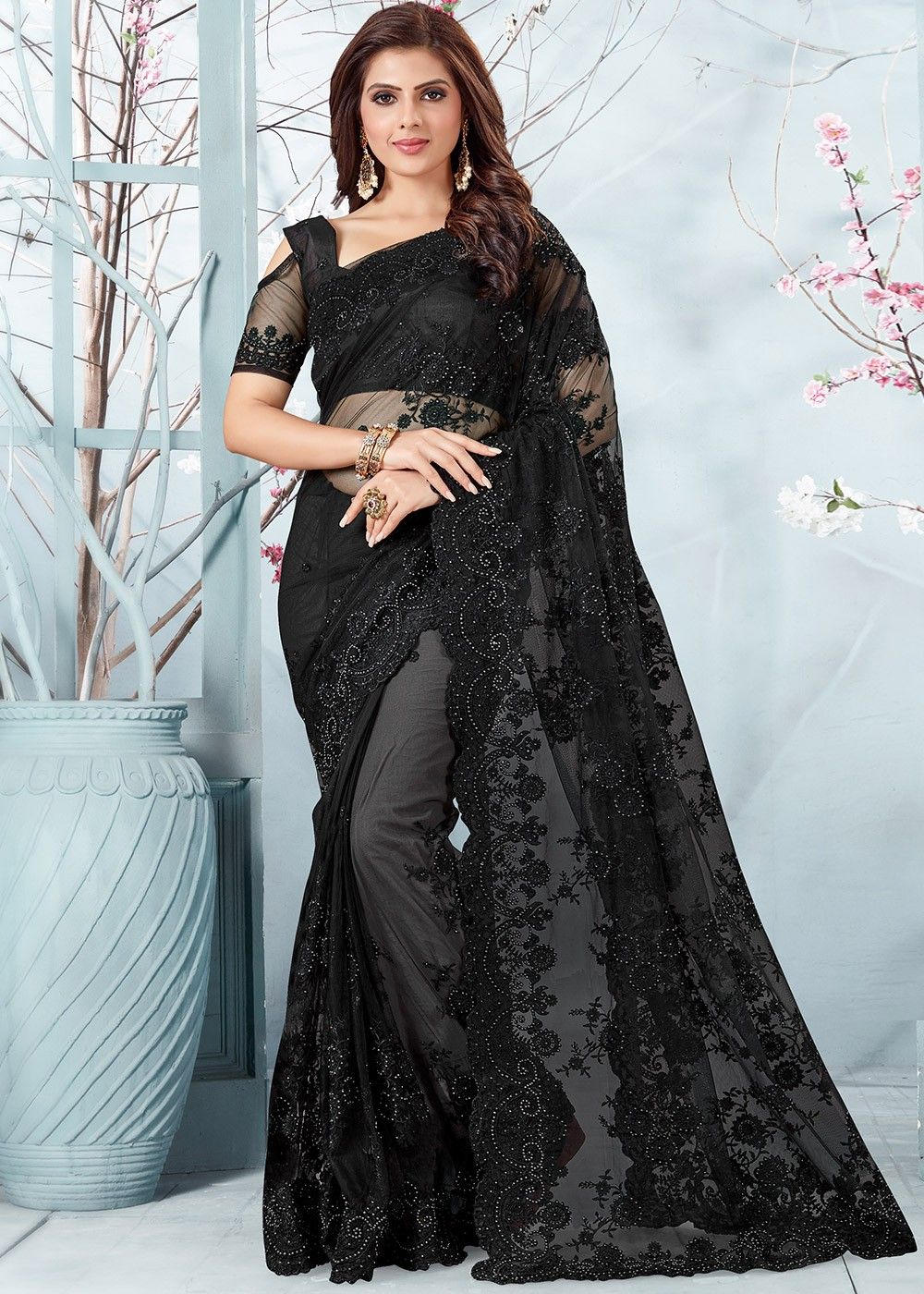 Black Embroidered Saree With Blouse Latest 2497SR03