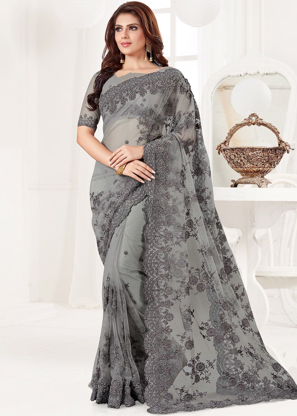 Embroidered Grey Saree With Blouse 2497SR04