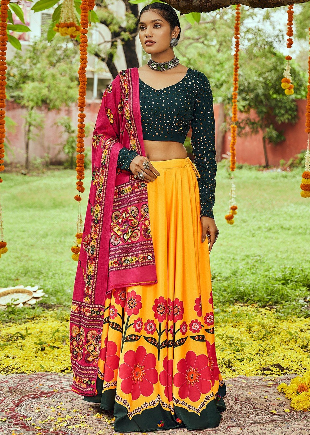 Navratri wear yellow color embroidered work rayon cotton lehenga choli