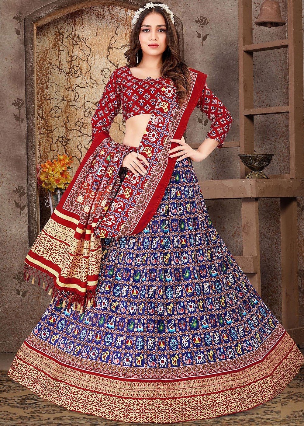 Navy Blue Color Georgette Fabric Sequins Work Lehenga With Red Color Blouse