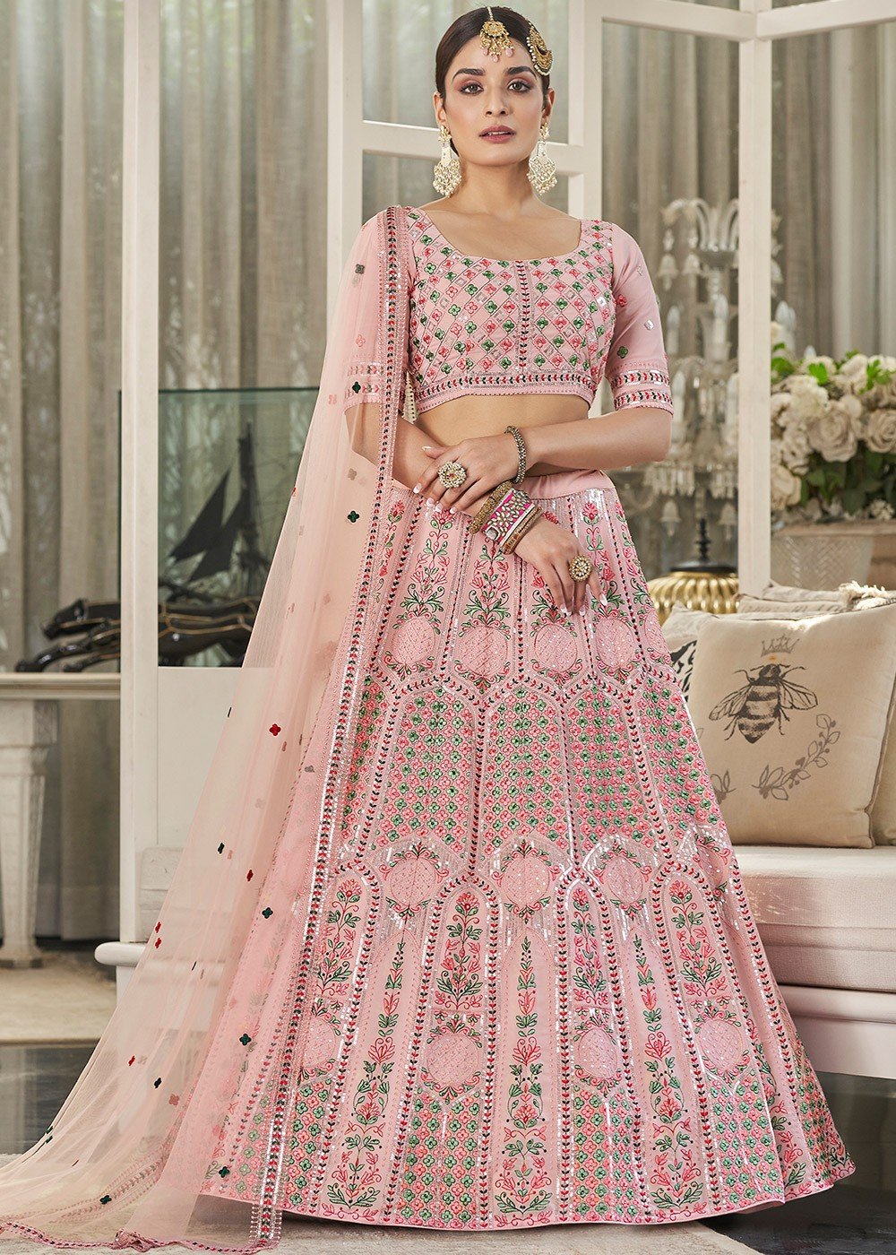 SOFT PINK MULTI COLOR EMBROIDERED RUFFLE BLOUSE AND LEHENGA SET