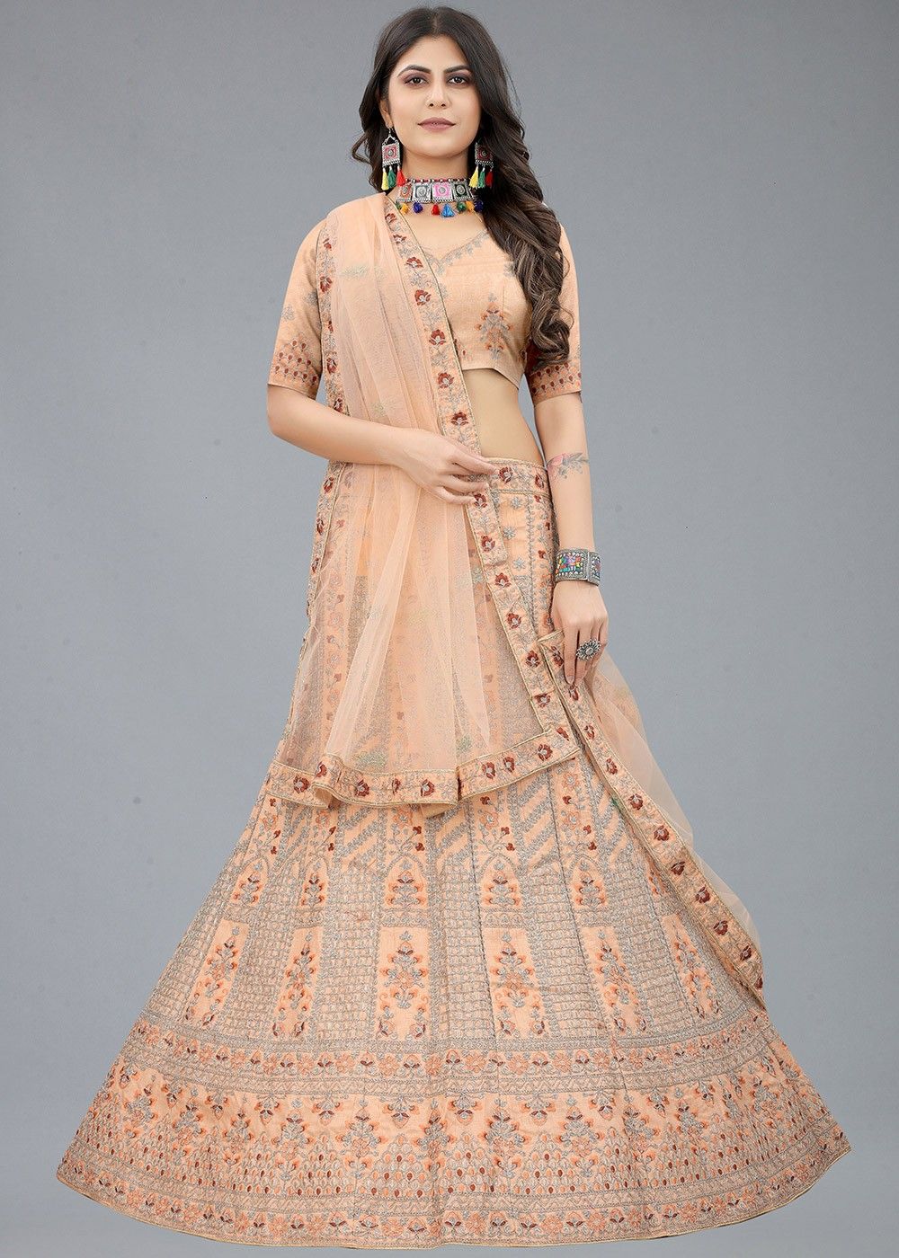 Buy Dark Blue Fish Cut Bridal Lehenga Set In Net With Attached Cape