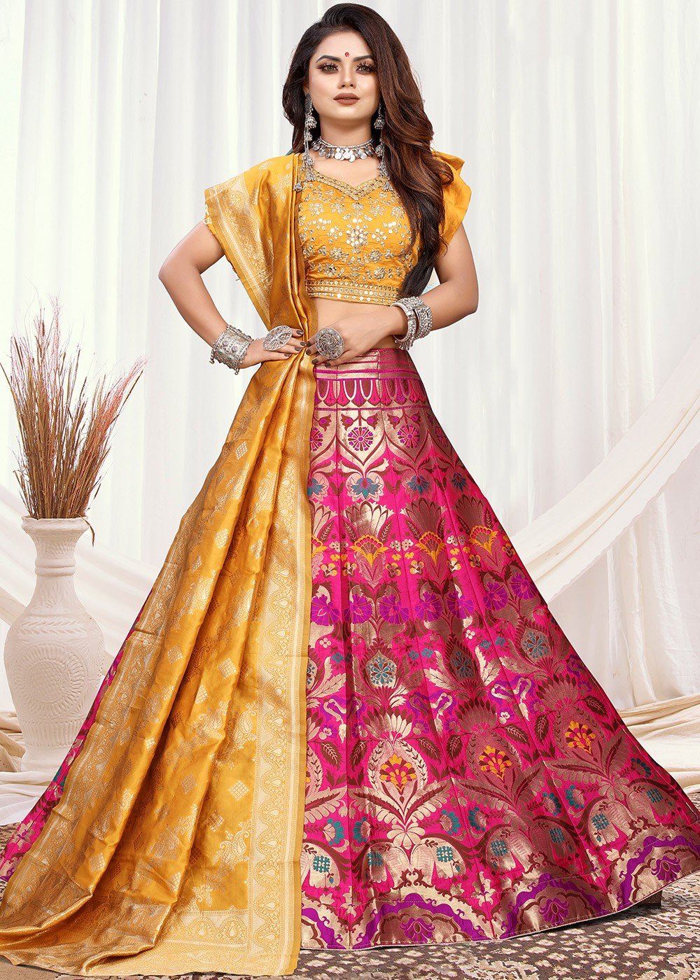 Yellow Banarasi Art Silk Designer Lehenga Choli | Designer lehenga choli, Lehenga  choli, Bridal lehenga choli