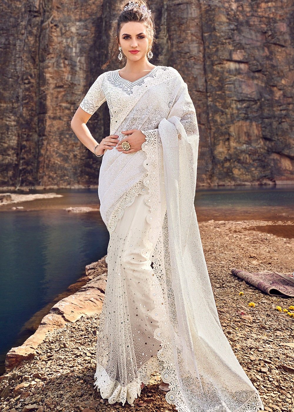 Lattest White Net Indian Wedding Designer Women Saree Party Sari sequin Blouse 