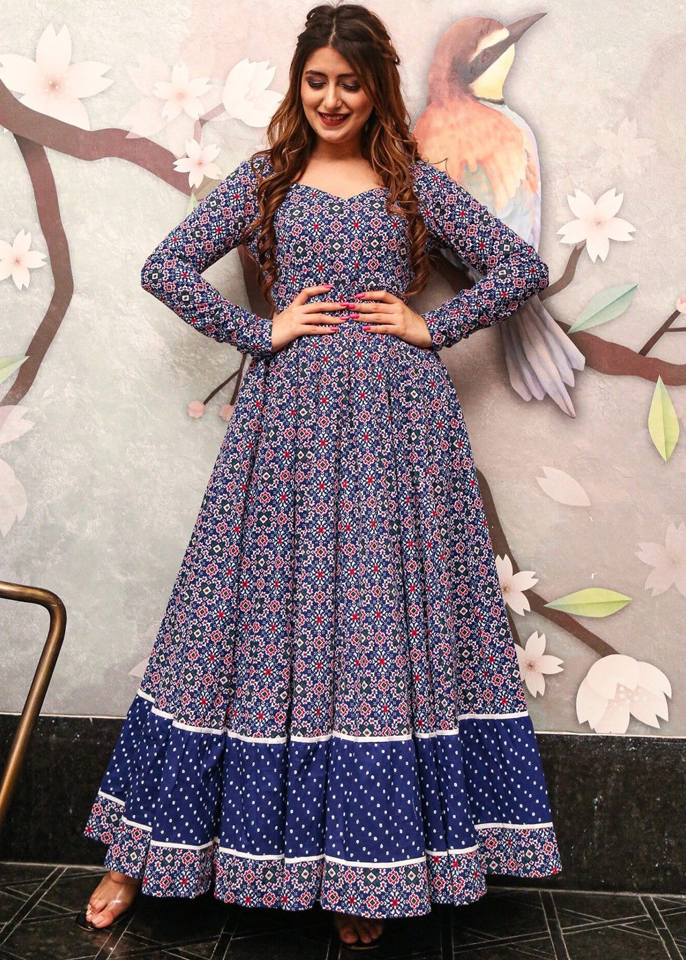 Blue Readymade Flared Gown With Digital Print 258GW03