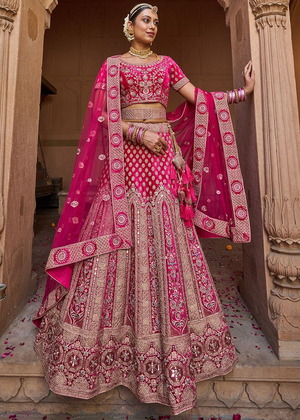 Dark Pink Floral Embroidered Stylish Wedding Lehenga