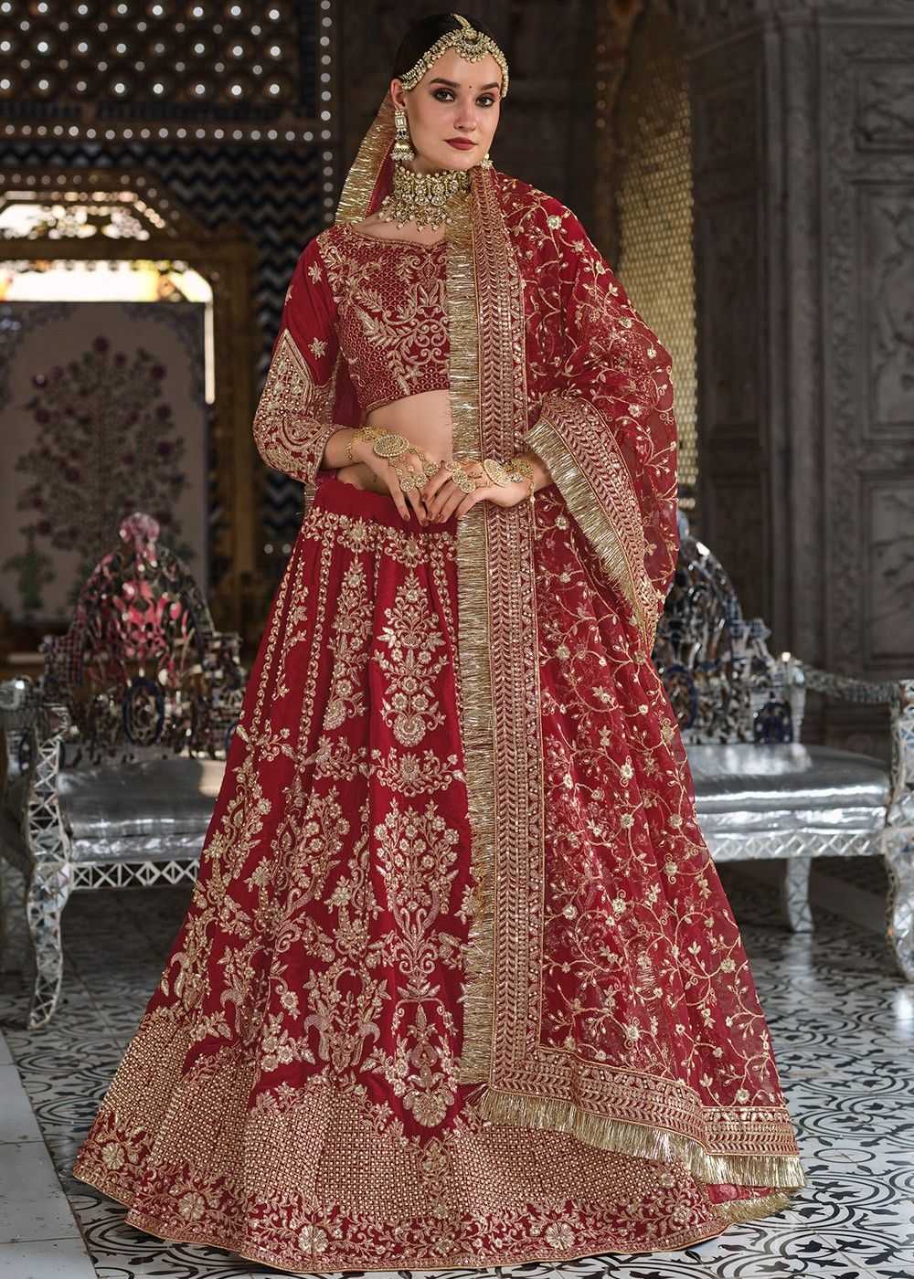 Red Pure Velvet Heavy Embroidered Bridal Lehenga - Rent