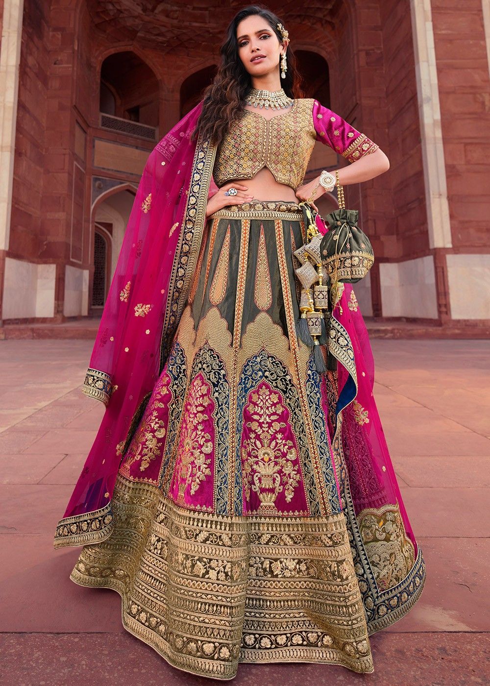 Dark Maroon Lehenga Choli In Velvet With Multi Colored Hand Embroidere –  paanericlothing