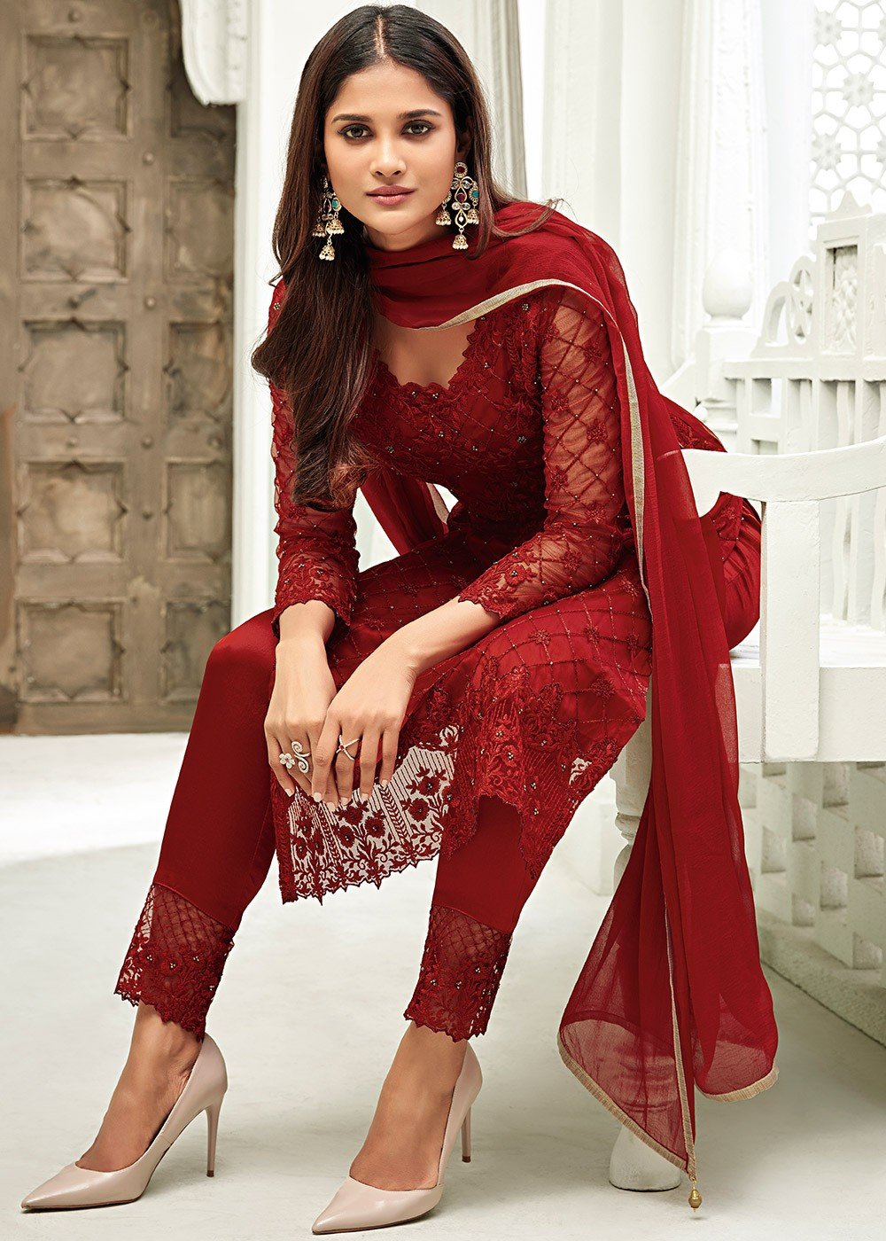 Maroon Straight Cut Embroidered Pant Suit