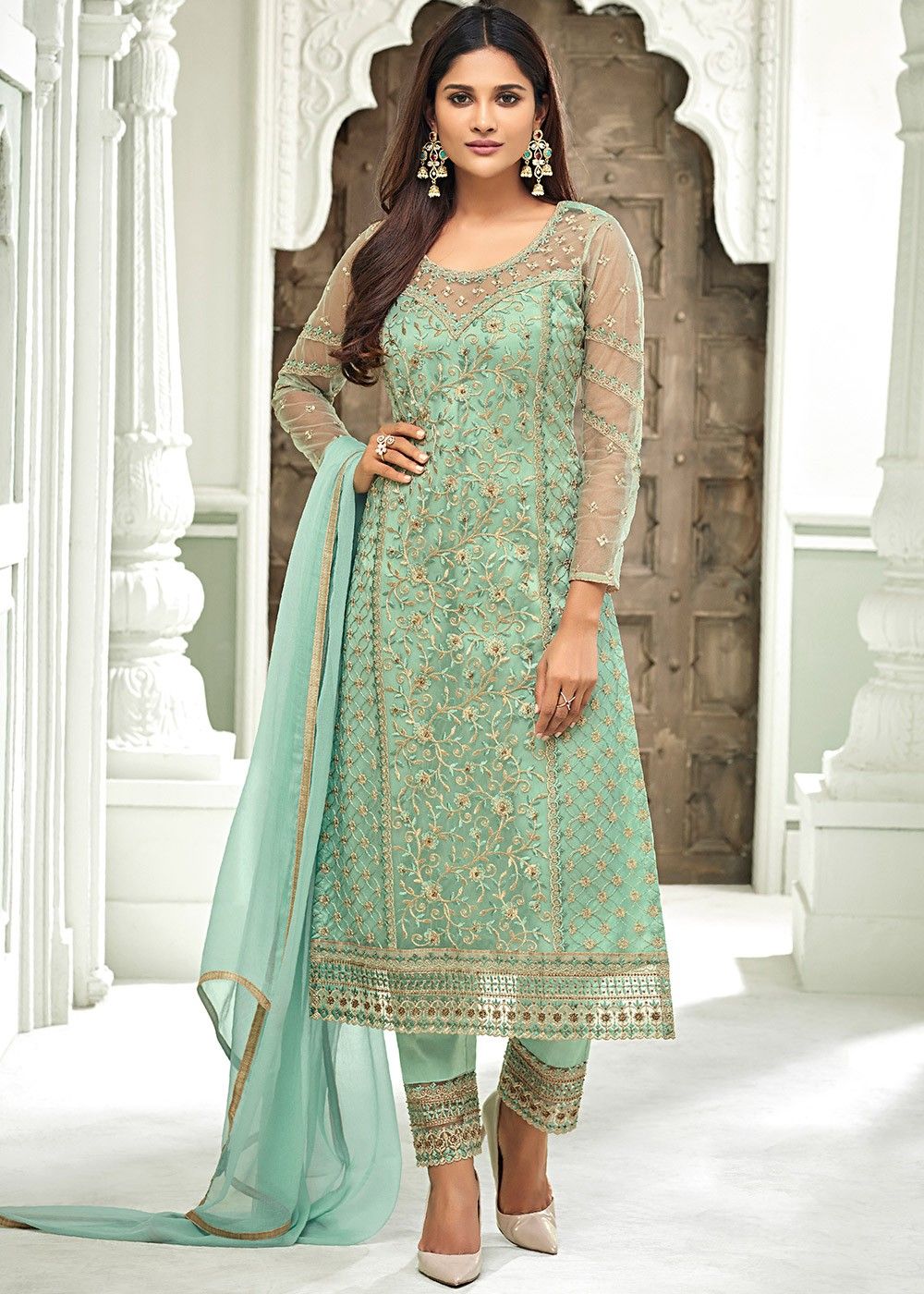 Buy Pakistani Suits - Deep Grey Floral Handwork Embroidery Pakistani Pant  Style Suit
