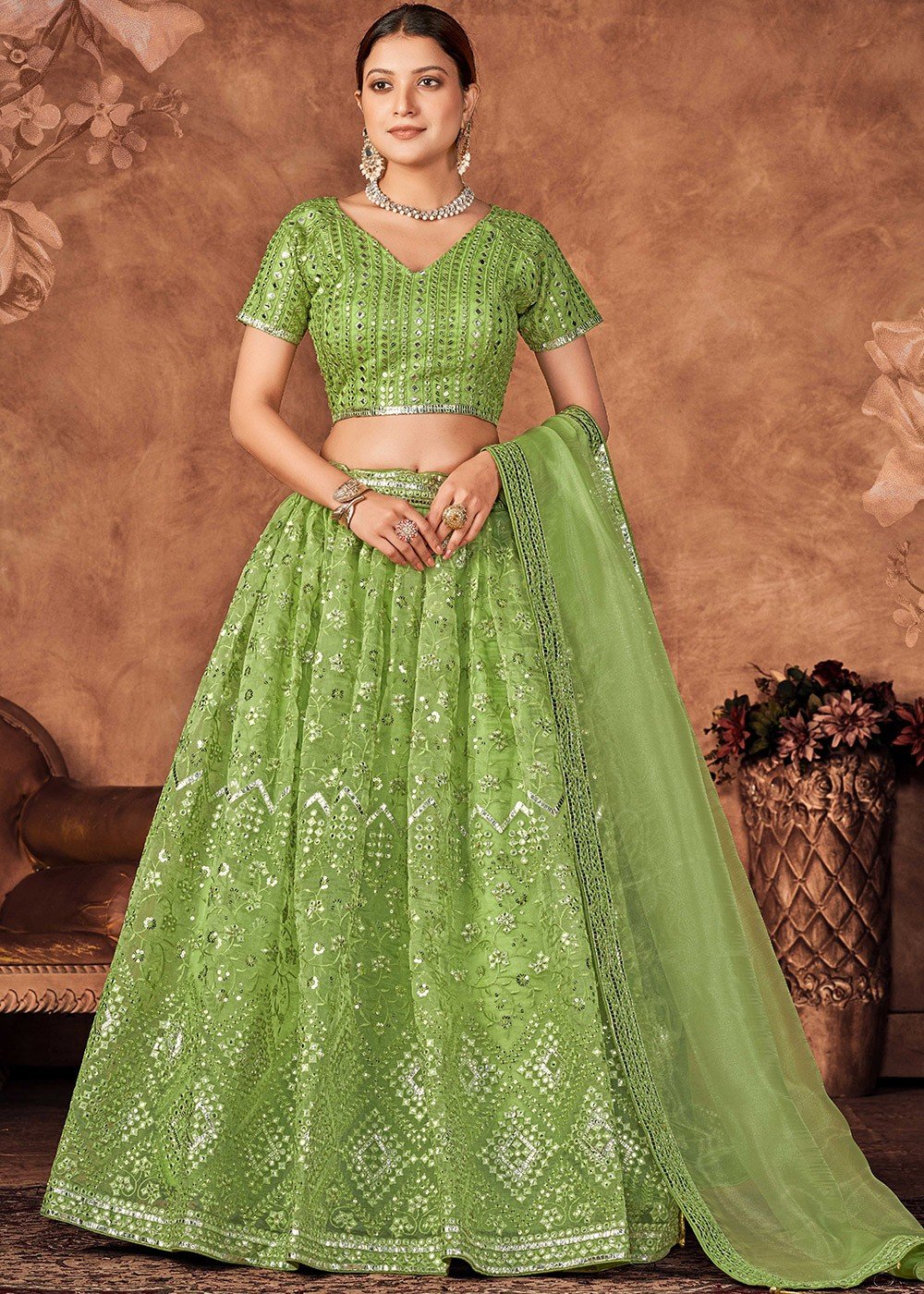 Party Wear Embroidery Parrot Green Net Designer Lehenga Choli at Rs 2499 in  Surat
