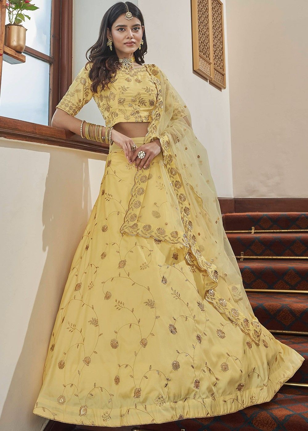 Butter Yellow Lehenga And Crop Top Set With Aari Embroidery And Full  Sleeved Jacket
