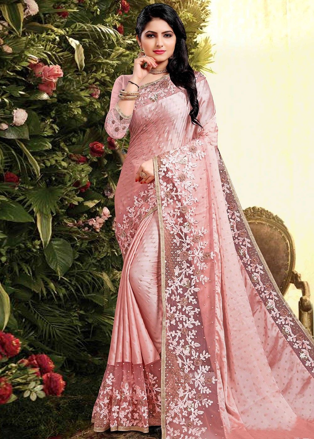 Dusty Pink Designer Embroidered Silk Wedding Saree | Saira's Boutique