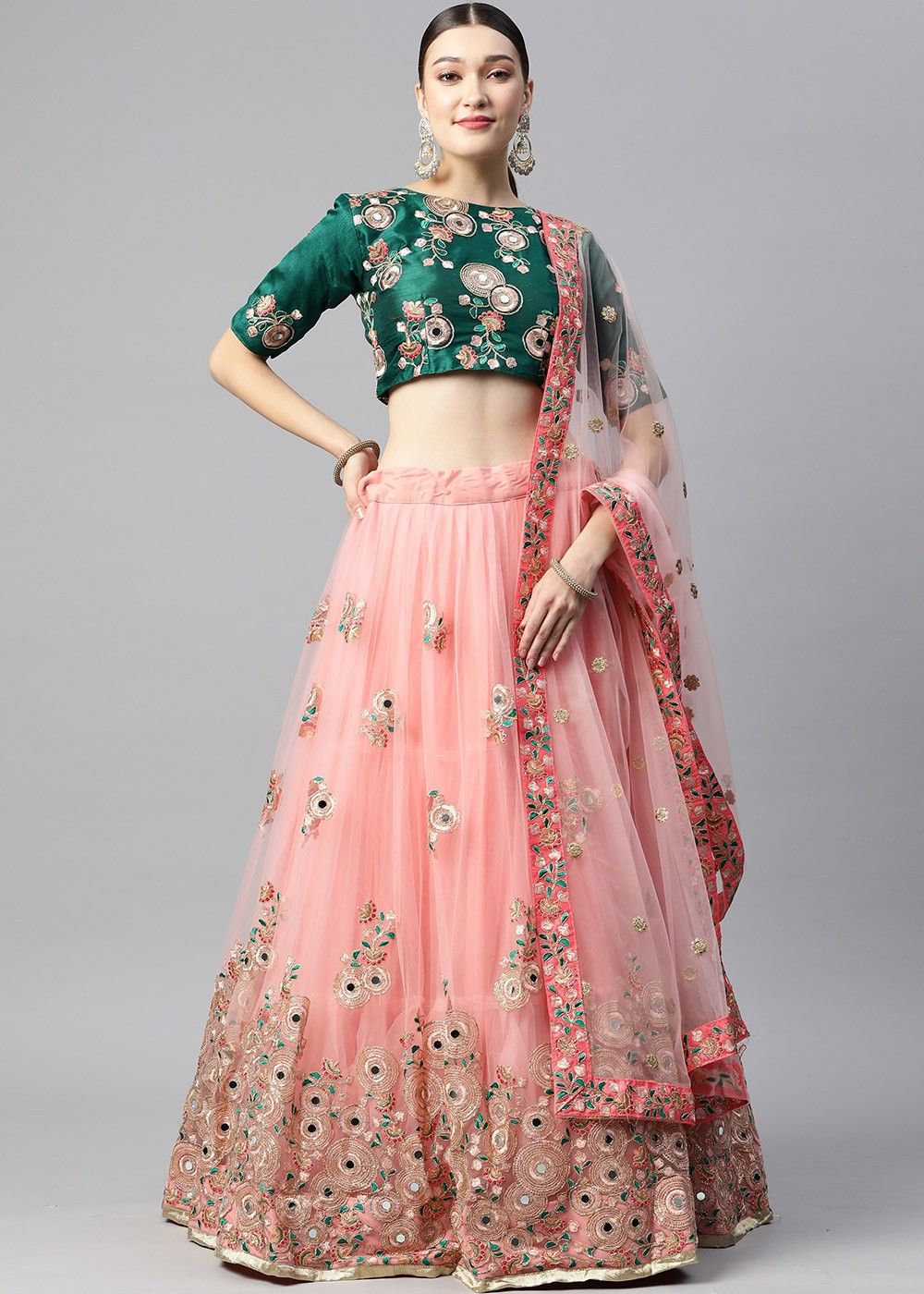 Peach Pink Net Lehenga Choli with Floral Embroidery & Jarkan work: Top –  Ethnos