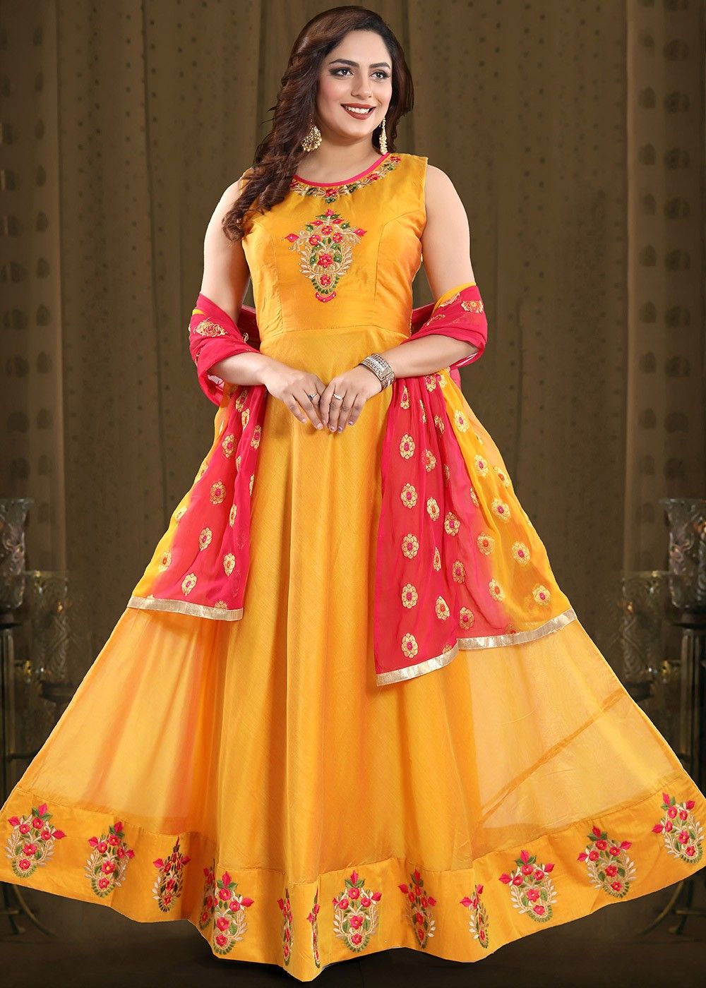 Yellow Embroidered Anarkali Suit In Slit Style 4209SL02