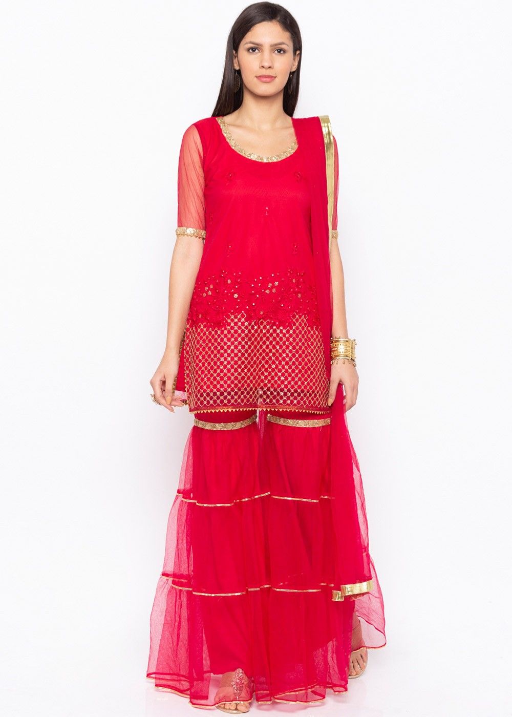 Readymade Red Embroidered Net Gharara ...