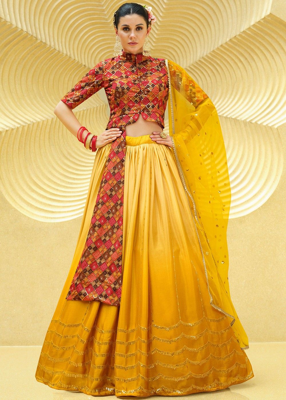 Buy Yellow Lehenga Modal Dupion Crop Top Cupro Satin Embroidery V Set For  Women by Varun Bahl Online at Aza Fashions.