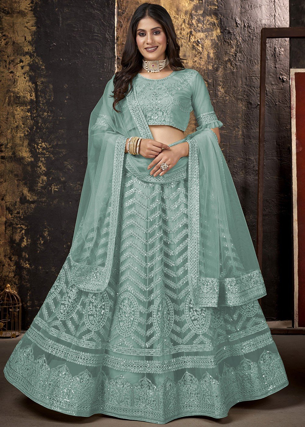 Women's Turquoise Blue Net Sequins, Zarkan And Thread Embroidery Lehenga  Choli & Dupatta - Royal Dwells | Lehenga, Lehenga choli, Blue lehenga