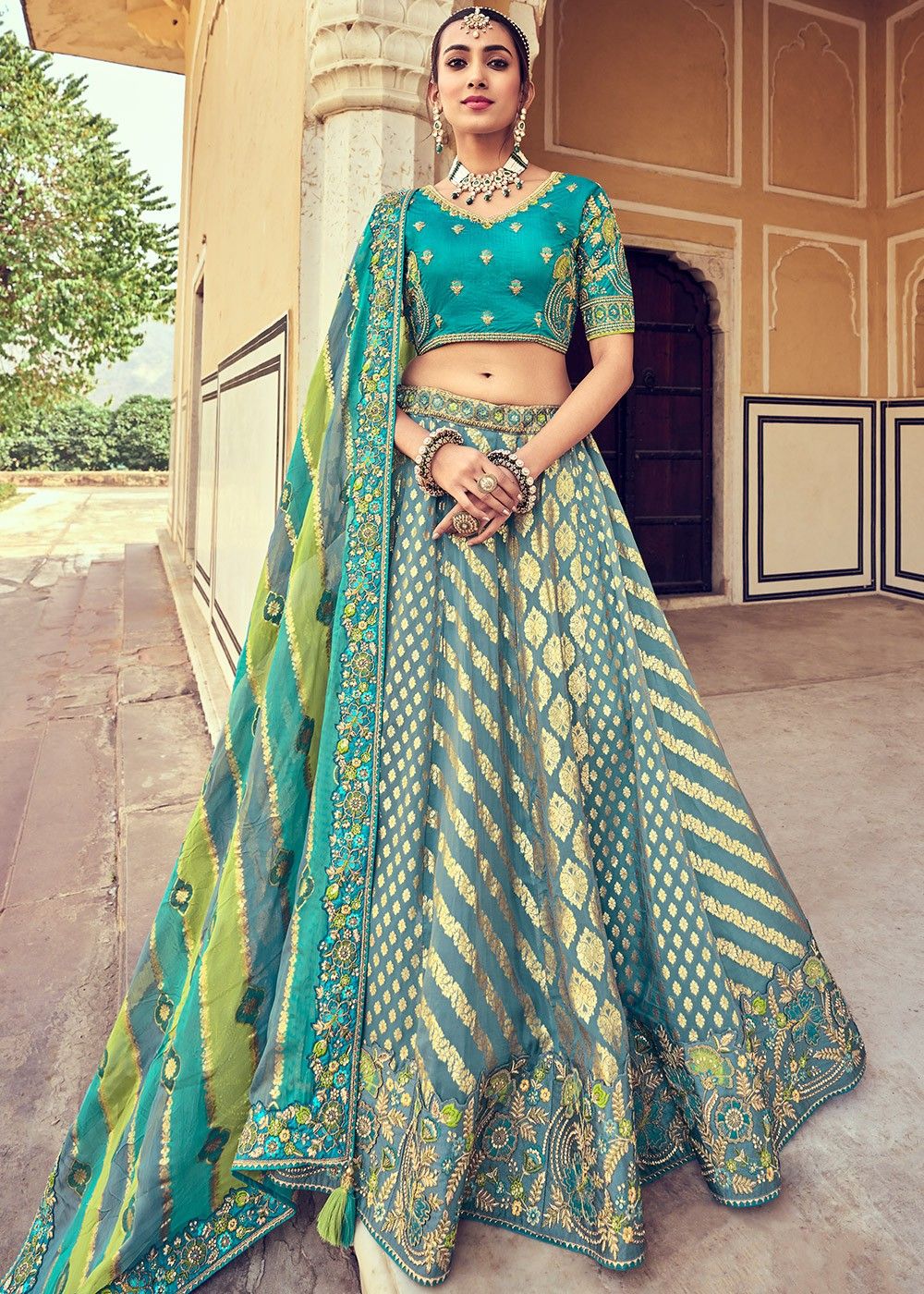 Luxuriant Sequence Embroidery Work Navy Blue with Green Lehe