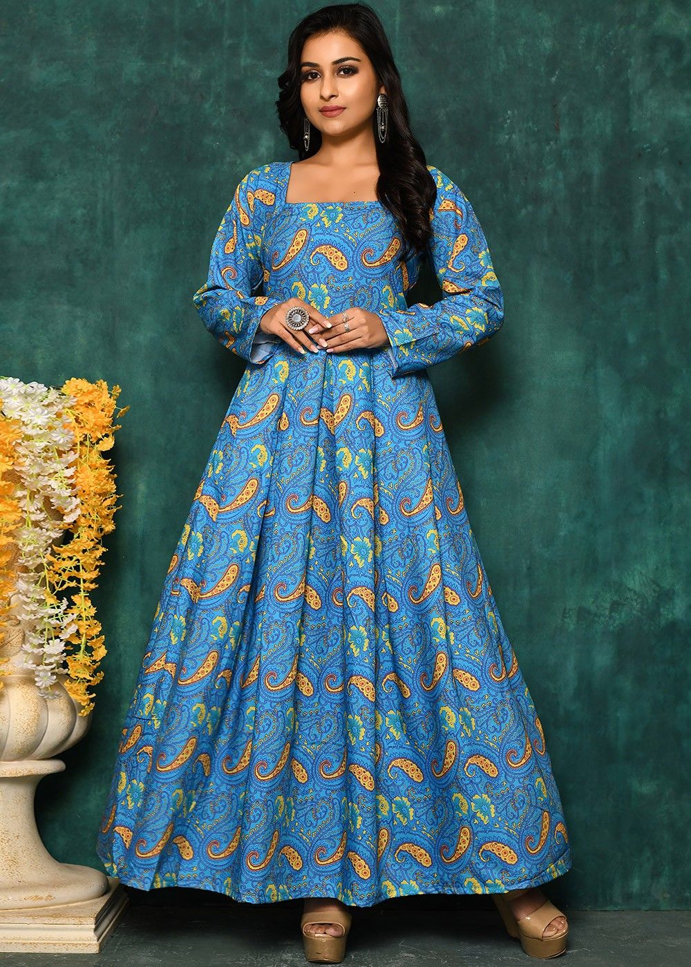 Sleeveless Printed Summer cotton gown with belt (Sleeves attached insi –  Roshni Boutique