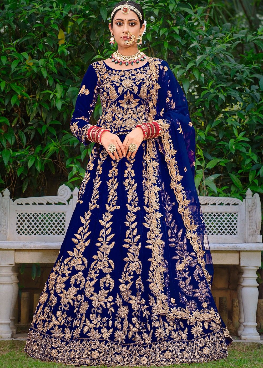 Elegant Blue Floral Embroidery Silk Wedding Lehenga Choli Wi