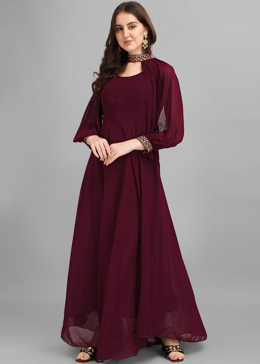Simple Neck on Embroidery Ghaghri Style Gown In Maroon